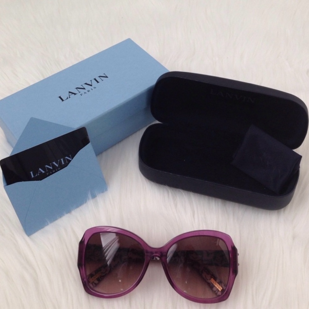 NIB Lanvin Purple Sunglasses with Alber Elbaz Illustration Design Interior Arms